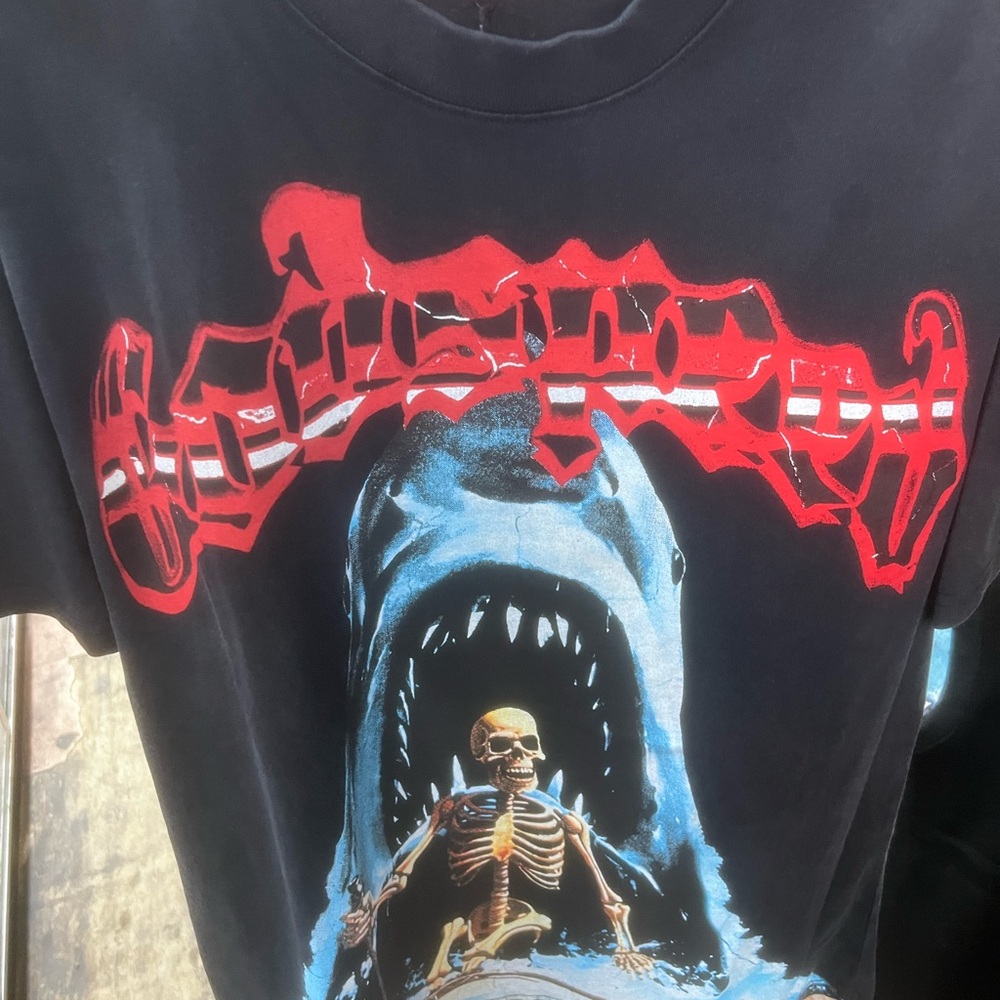 Black Graphic Tee with Shark and Skeleton Design